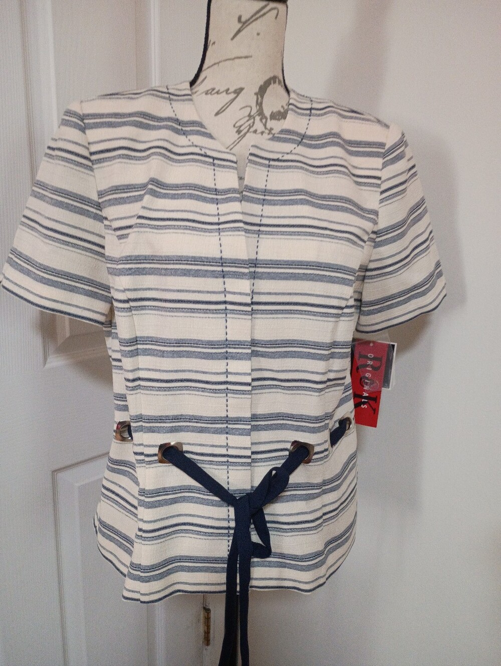 Navy Stripe Tie-Front Short Sleeve Top R&K Originals Vintage Women’s Jacket Sz10